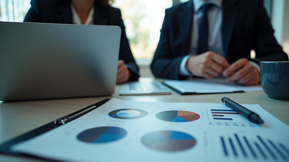 Close-up view of a business team analyzing charts and data on a laptop
