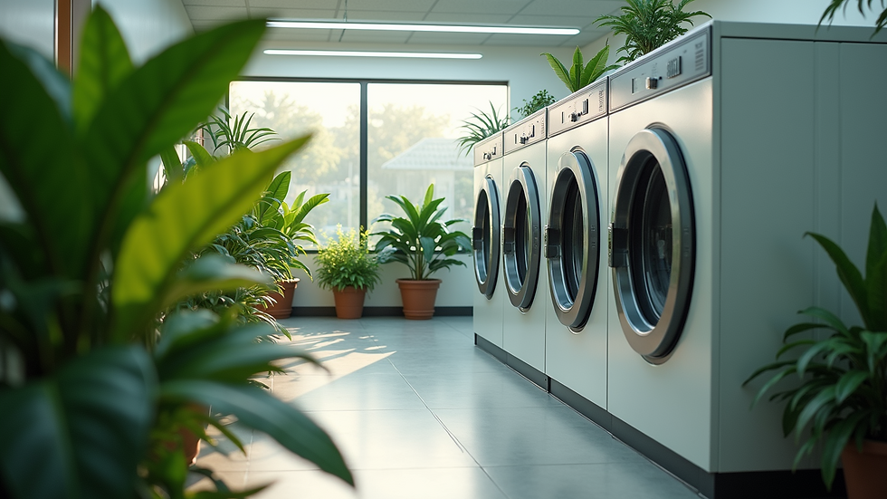 High angle view of eco-friendly dry cleaning facility with green plants