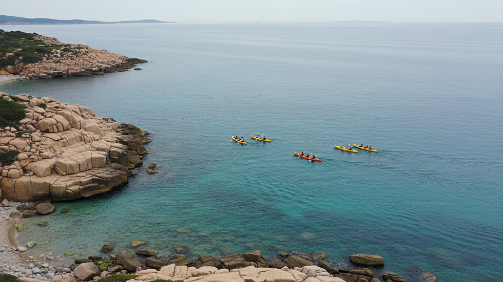 High angle view of turquoise sea with kayaks near rocky coastline