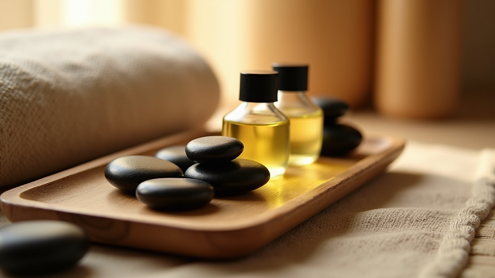 High angle view of spa massage oils and stones arranged on wooden tray