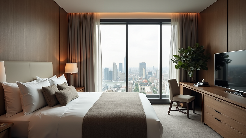 Eye-level view of a stylish hotel suite with modern decor and city view
