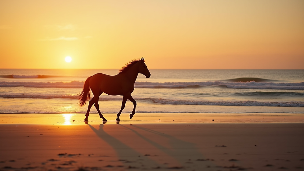 Wide angle view of a horse walking along a sandy beach at sunset