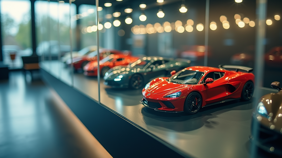 High angle view of a glass display case filled with various model cars