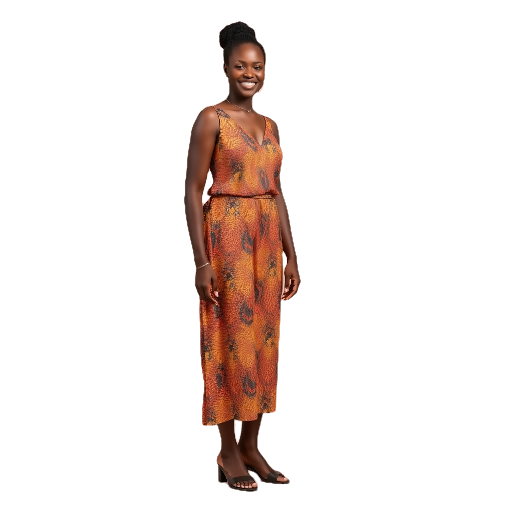 Full-length, standing, clearly visible, Nigerian, smiling woman. Nothing in the background