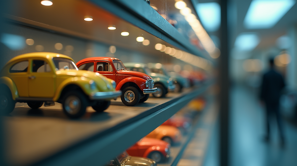 Eye-level view of a glass display case filled with collectible model vehicles
