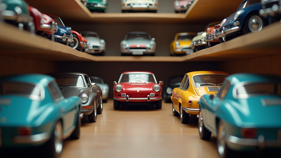 Eye-level view of a model car collection displayed on shelves