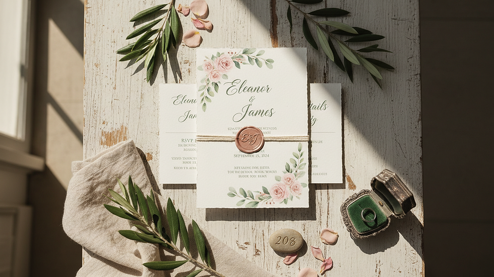 Eye-level view of a rustic wedding invitation with natural textures