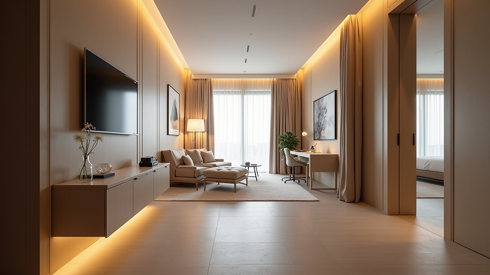 Eye-level view of a modern, elegant suite interior with soft lighting