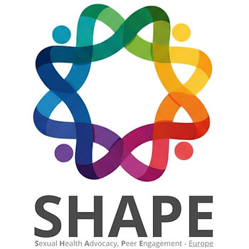 Colorful interwoven ribbon circle, symbolizing unity, with the acronym SHAPE below. Text: Sexual Health Advocacy, Peer Engagement - Europe.