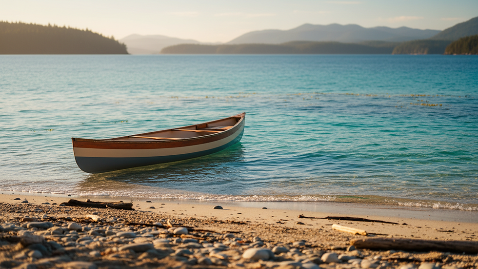 Eye-level view of a calm turquoise bay with a single canoe floating near the shore