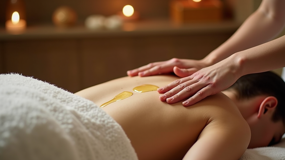 Close-up view of massage therapist applying oil on back in Turkish bath