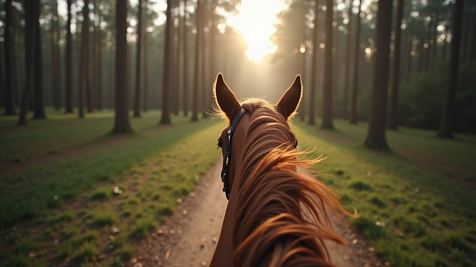 Eye-level view of a horse trotting along a forest trail