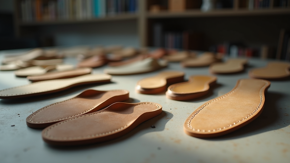 Eye-level view of various shoe sole materials arranged on a table