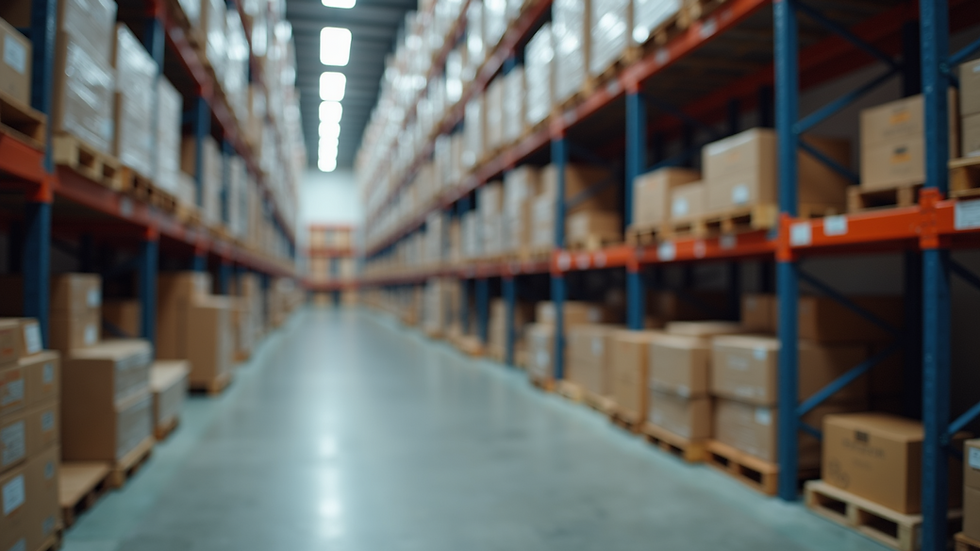 Close-up view of a warehouse with organized shelves and automated inventory system