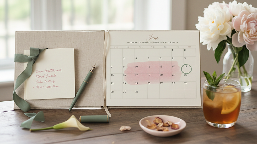 Close-up view of a wedding planner's calendar and notes