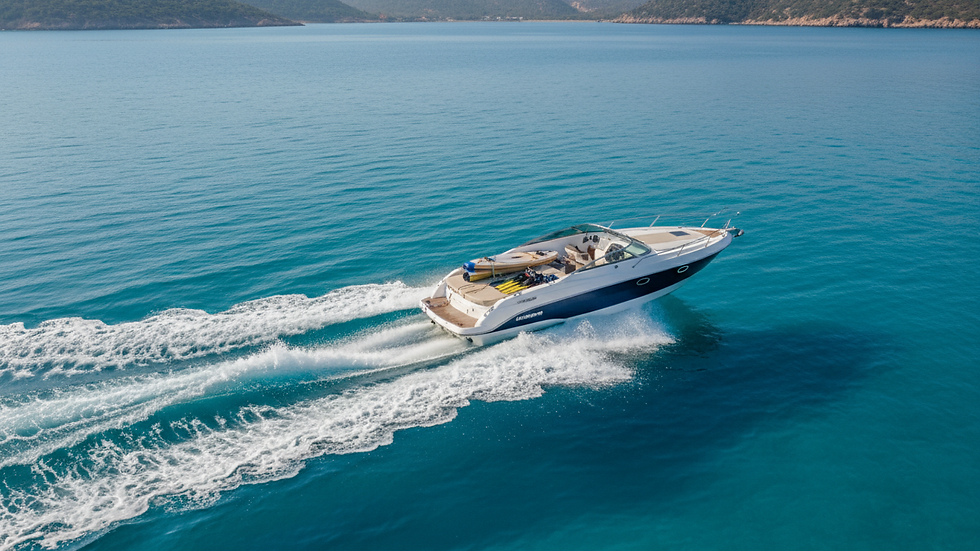 High angle view of a speedboat cutting through Marmaris turquoise sea with water sports gear onboard