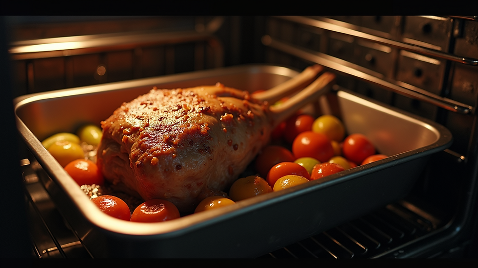 High-angle view of the roasting process showcasing the lamb and vegetables in the oven