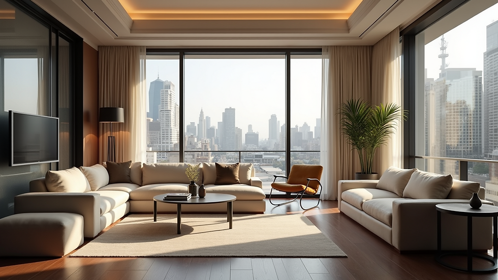 Eye-level view of a modern luxury suite with elegant furnishings and large windows