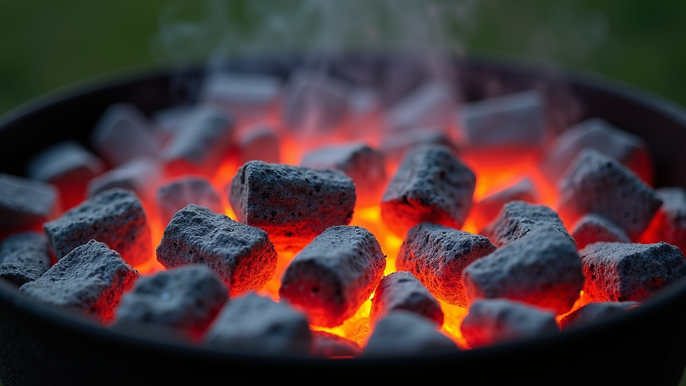 close-up view of glowing charcoal briquettes in a barbecue grill
