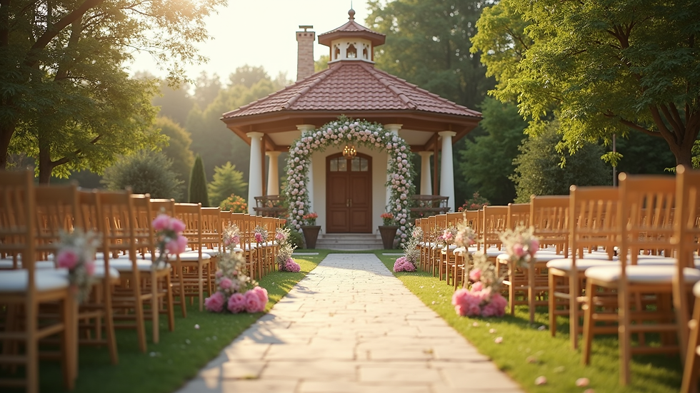 Eye-level view of a decorated outdoor wedding venue in Mut