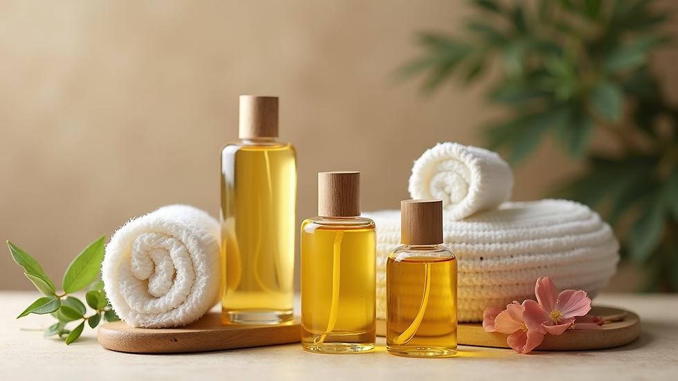 Close-up view of massage oils and spa products arranged neatly