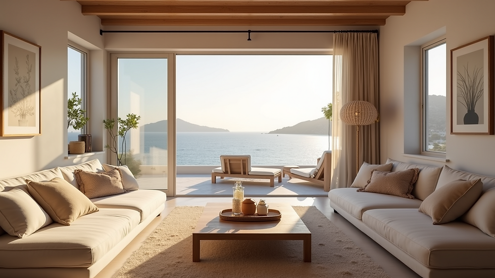 Eye-level view of a minimalist living room with sea view