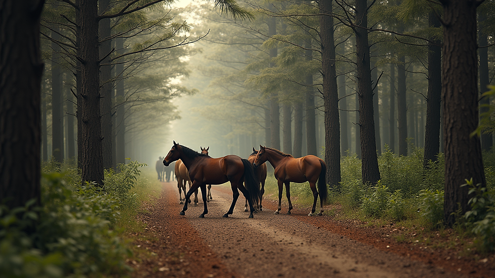 Wide angle view of a forest trail with horses walking in a line