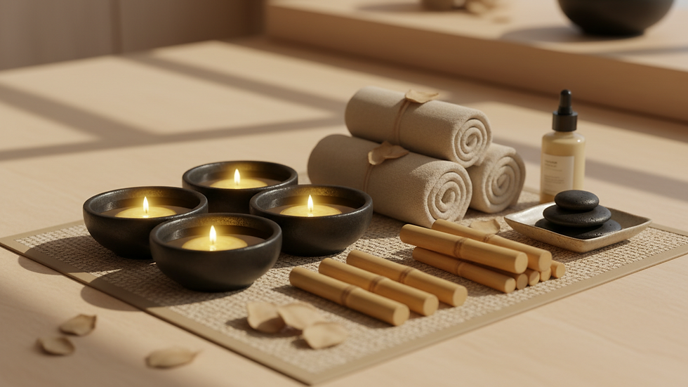 Close-up view of warm massage oils and spa accessories arranged neatly