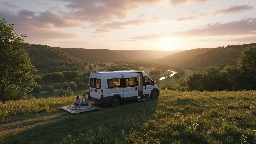 Wide angle view of a campervan parked on a hill overlooking a scenic valley
