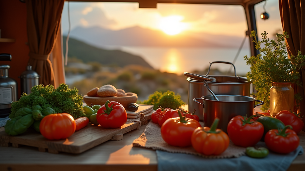 Close-up view of a campervan kitchen setup with fresh vegetables and cooking utensils