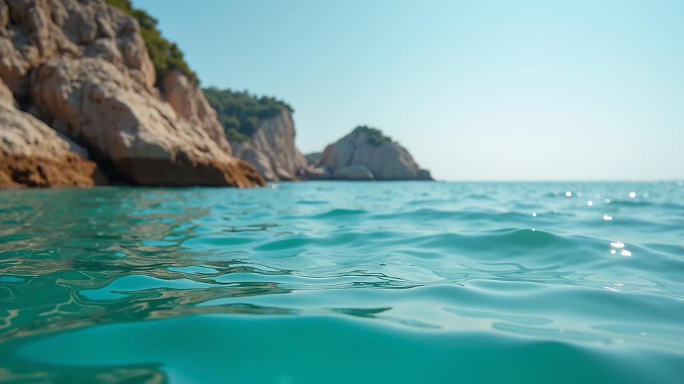 Eye-level view of calm turquoise sea with rocky coastline