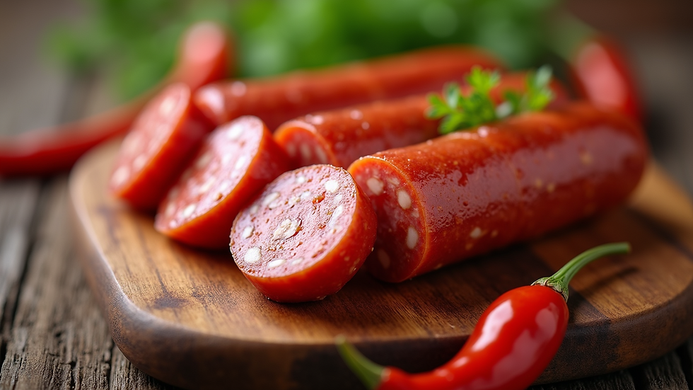 Close-up view of aromatic slices of spicy sucuk sausage served on a wooden board