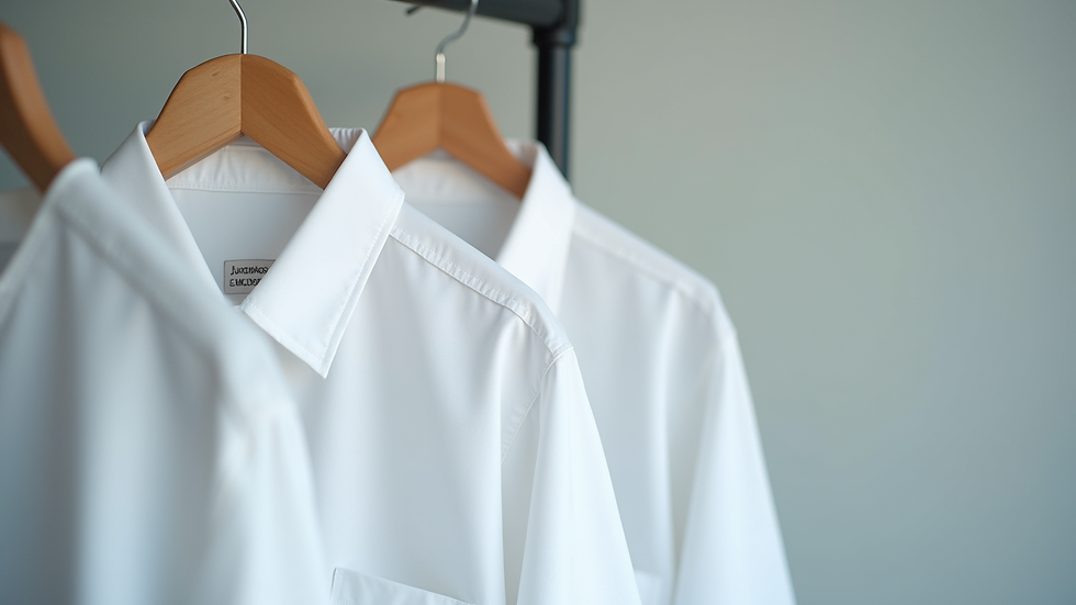 Close-up view of a clean white shirt hanging on a hanger