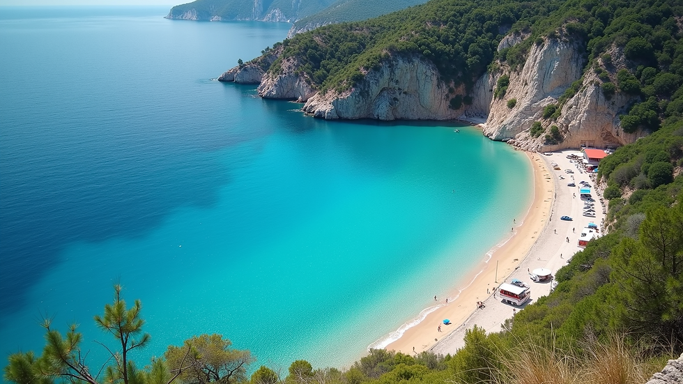 High angle view of Ölüdeniz Blue Lagoon with turquoise waters and sandy beach