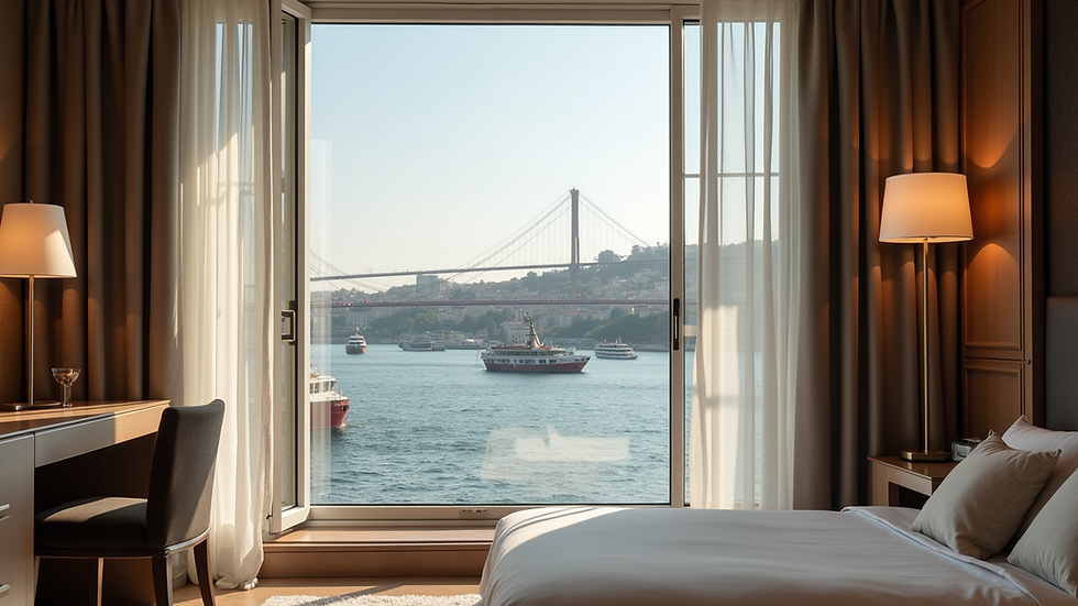 Eye-level view of a luxurious hotel suite overlooking the Bosphorus