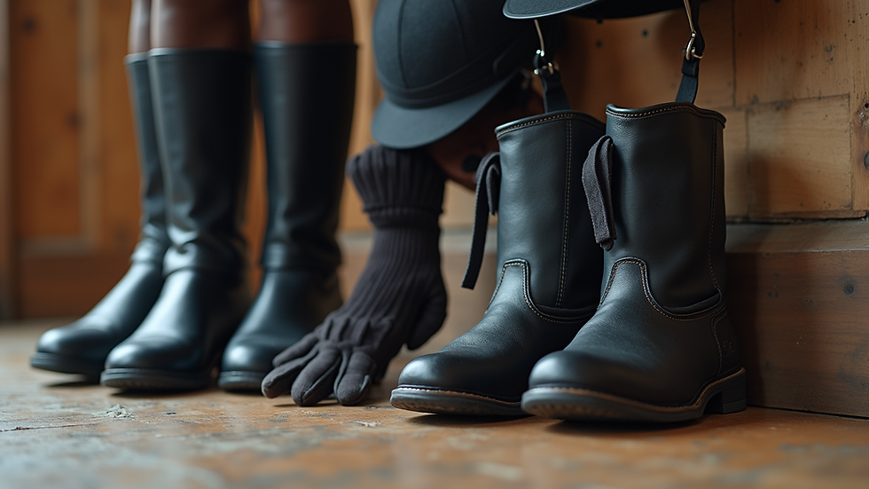 Eye-level view of a neatly arranged horse riding outfit including boots, helmet, and gloves