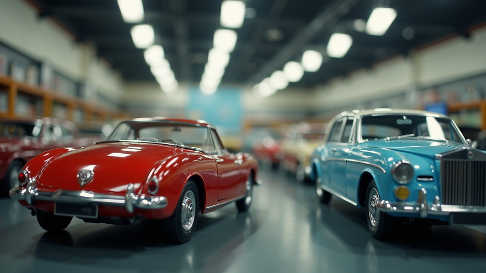 Eye-level view of a neat model car display case with various classic cars