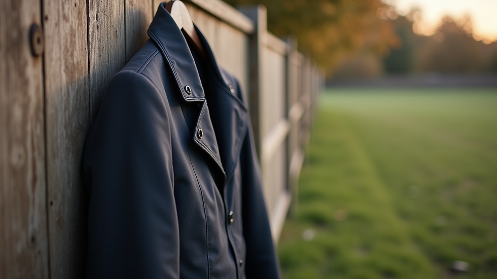 Close-up view of a breathable riding jacket hanging on a wooden fence