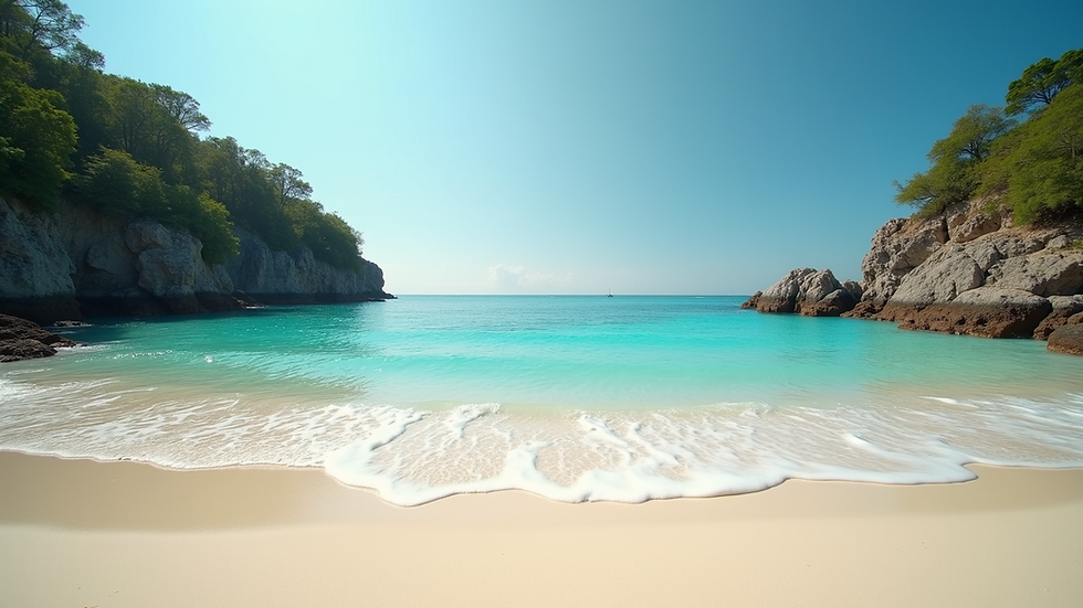 Wide angle view of a peaceful beach cove with turquoise water and soft sand