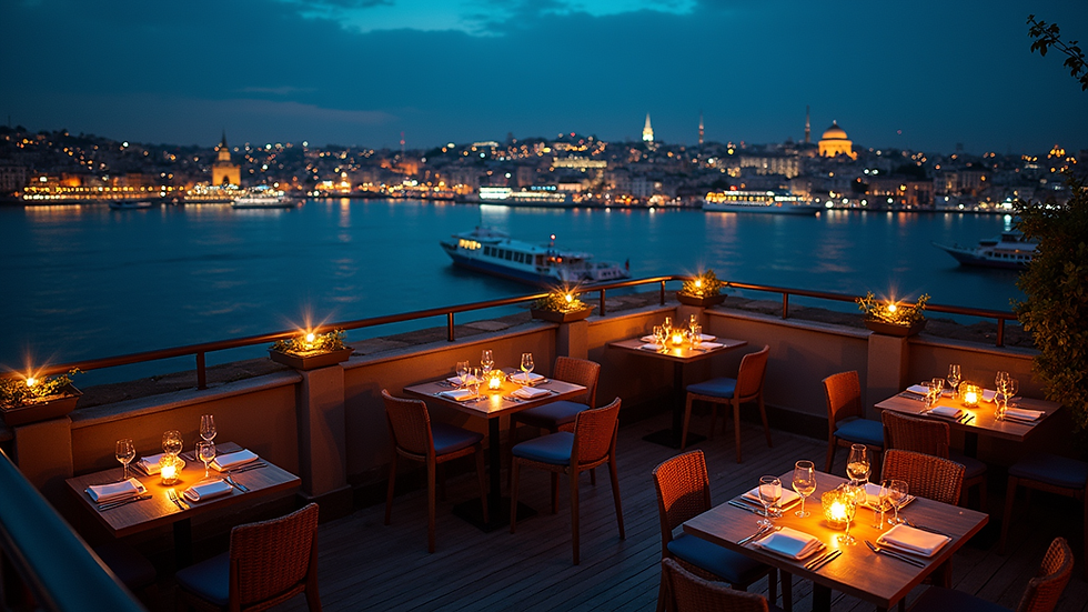 High angle view of a rooftop bar overlooking the Bosphorus at night