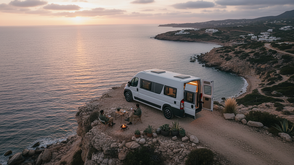High angle view of a campervan parked on a cliff overlooking the Mediterranean coast