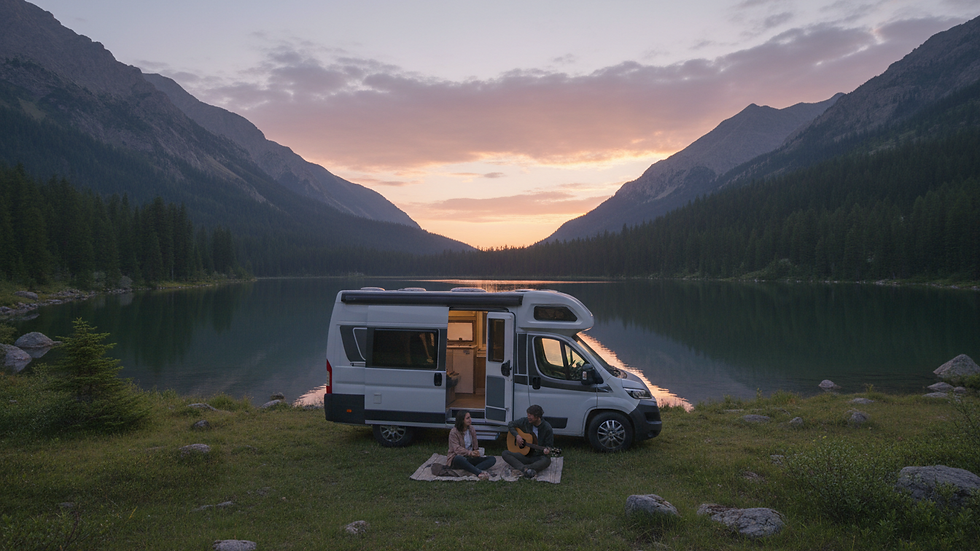 Wide angle view of a campervan parked near a mountain lake at sunset