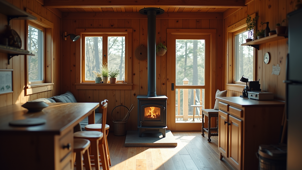 High angle view of a neatly arranged tiny house interior with a cozy wood stove