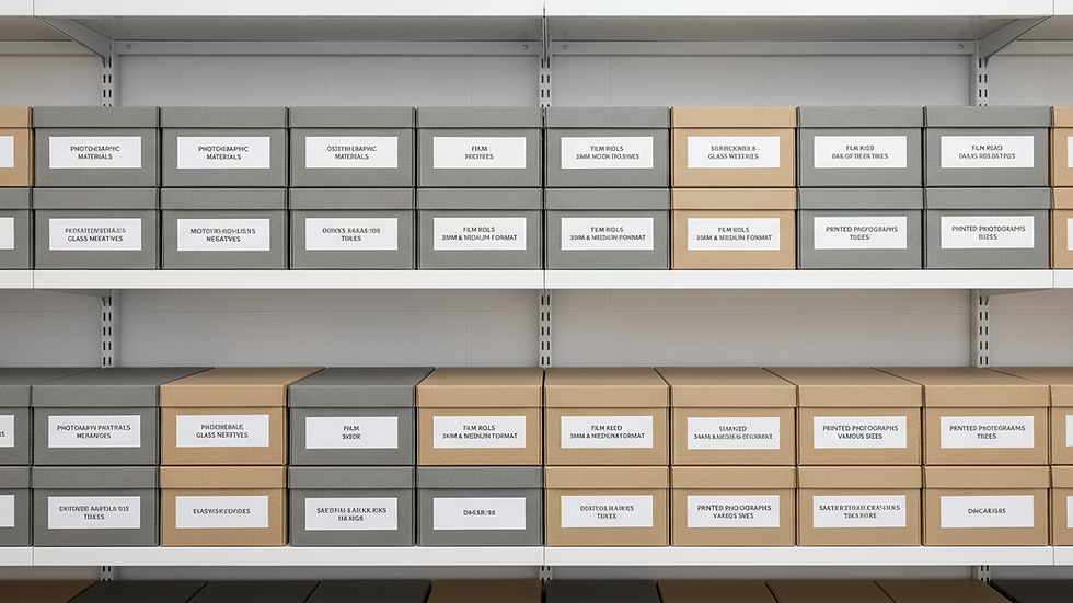 Eye-level view of archival boxes labeled for photographic materials