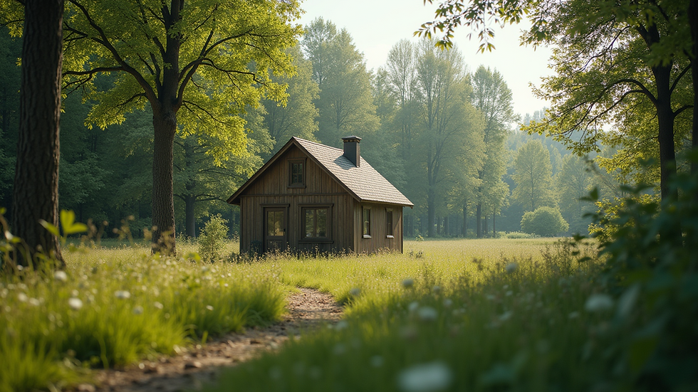 Wide angle view of a tiny house surrounded by lush greenery