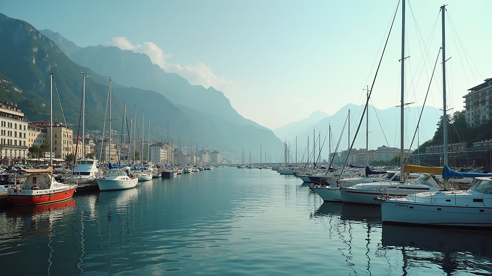Wide angle view of a busy harbour with boats docked and mountains in the background