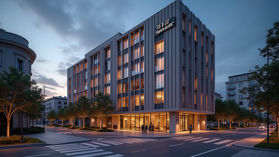 Wide angle view of the exterior of 912 Taksim Suites building at dusk