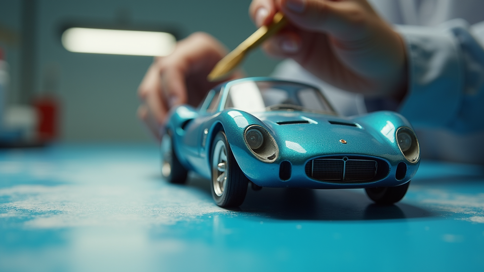 Eye-level view of a model car being painted with fine brushes and masking tape