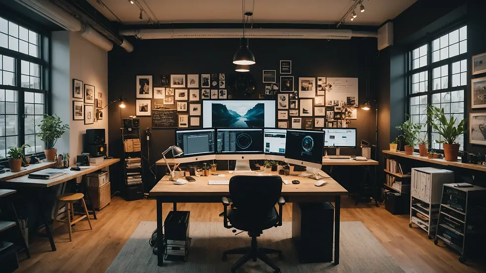 Wide angle view of a web design studio highlighting design tools