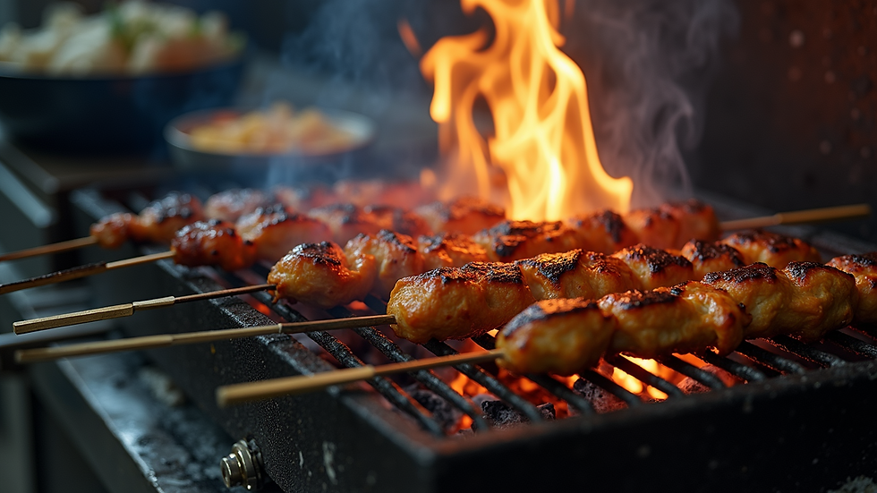 High angle view of professional kebab grill with glowing charcoal